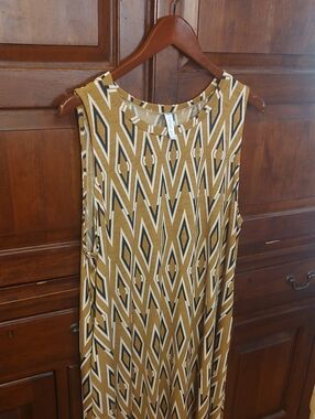 Sleeveless Geometric Print Maxi Dress - Mustard with pockets
